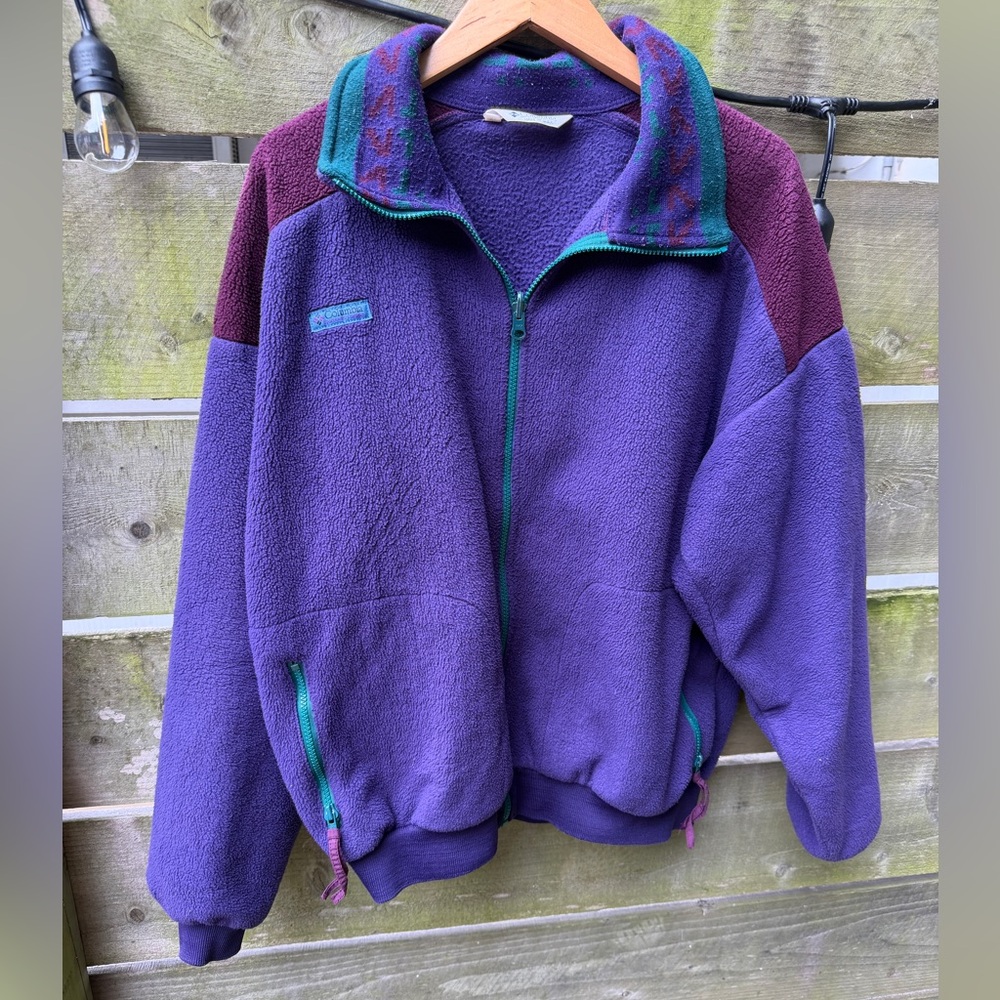 Columbia Vintage Retro 80s 90s Purple Teal‎ Fleece Sweater Aztec Collar Made USA